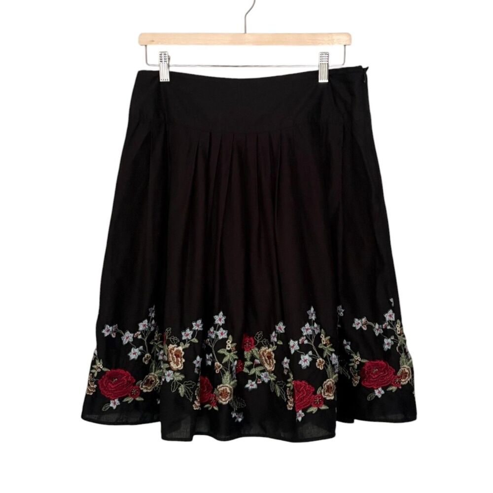 Black Embroidered Floral Pleated Midi Skirt Cotton Blend Size 10 Whimsigoth